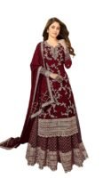 Women's Faux Georgette Semi-Stitched Top With Stitched Bottom and Dupatta Embroidered Straight Kurta Dress Material(Maroon)