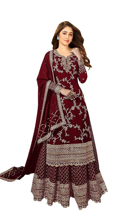 Women's Faux Georgette Semi-Stitched Top With Stitched Bottom and Dupatta Embroidered Straight Kurta Dress Material(Maroon)
