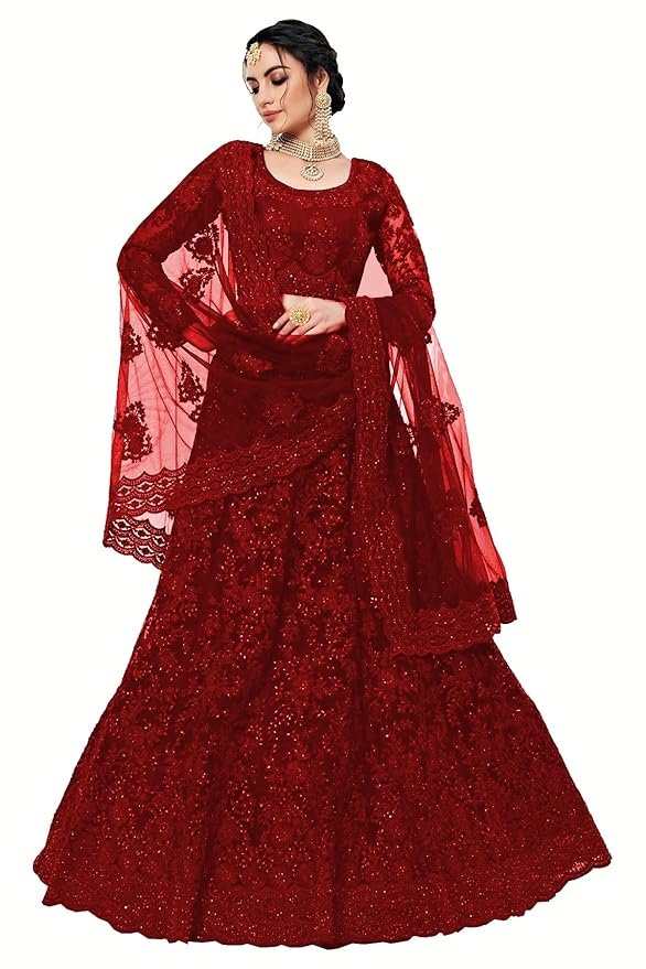 Women's Silk Semi-Stitched Lehenga Choli Set(Red)