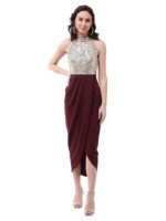 Women's Wine Halter Neck Sleeveless Solid Embellished Midi Dress(Wine)