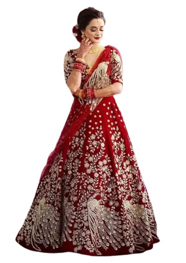 Women's Embroidered Free Size Traditional Taffeta Velvet Lehenga Choli with Net Dupatta Red