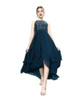 Women's Off White Round Neck Sleeveless Solid Embellished Maxi Dress(Teal)