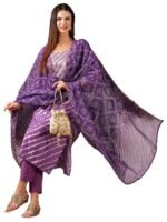 Women's Cotton Blend Straight Printed Kurta with Pant & Dupatta(Purple)