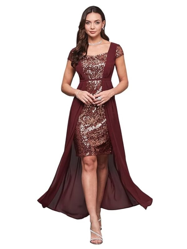 Women's Square Neck Short Sleeve Embellished Layered Maxi Dress( Wine)
