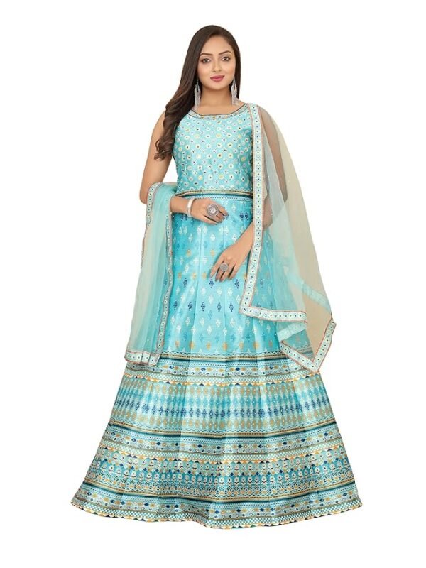 Women's Fully Stitched Silk Gown with Net Dupatta for Festive, Party and Wedding( Rama)