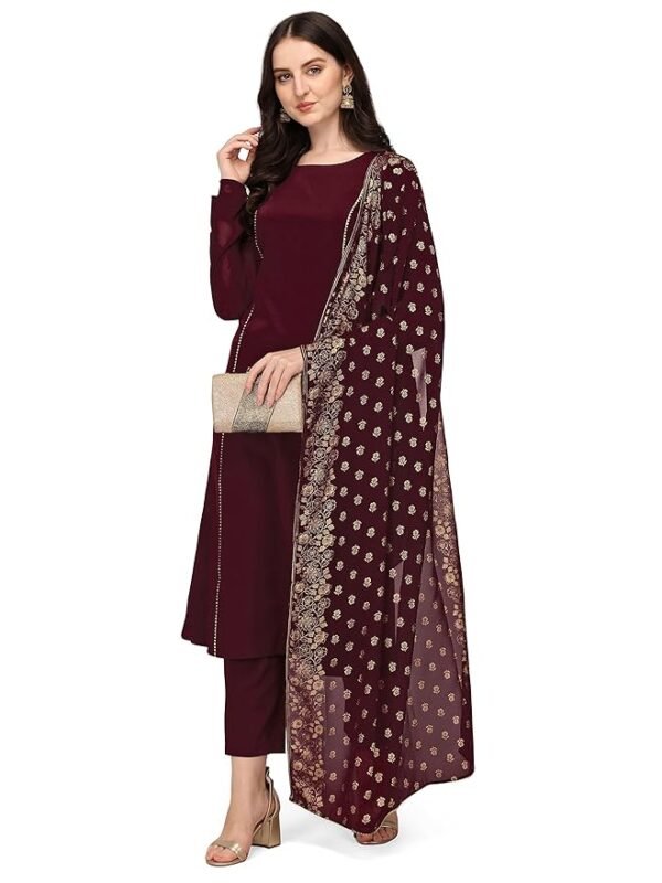 Women's Maroon Poly Crepe Straight Kurta with Pant and Dupatta