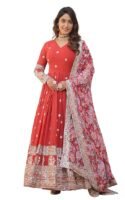 Georgette Embroidered Long Anarkali(Red)
