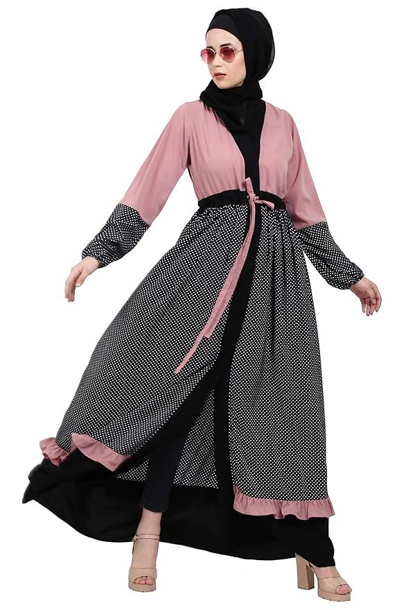 Women’s Front Open Abaya Dress with Polka Dotted Made in Nida Matte Crepe fabric With Long Sleeves & Side Pocket