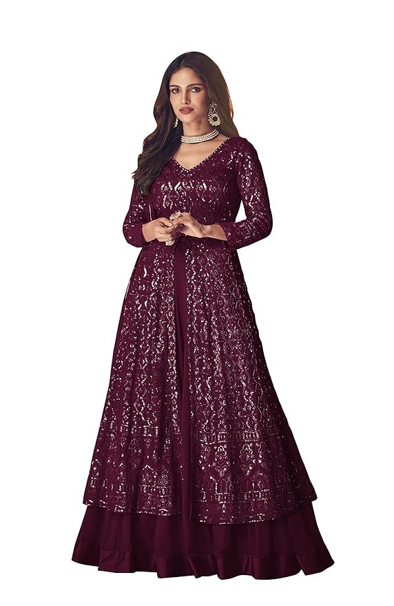 Straight Suit for Women | Georgette & Santoon Straight Suit | Semi-Stitched Gown for Women(Wine)