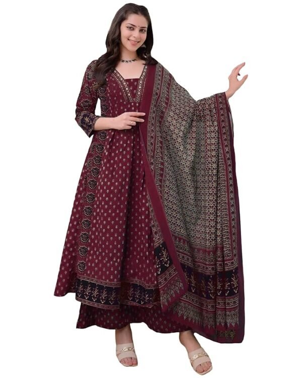 Women's Anarkali Kurta Set with Dupatta | Pure Cotton Suit Set for Women | Ajrakh Print Kurta Palazzo Dupatta Set(Wine)