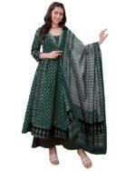 Women's Anarkali Kurta Set with Dupatta | Pure Cotton Suit Set for Women | Ajrakh Print Kurta Palazzo Dupatta Set(Green)