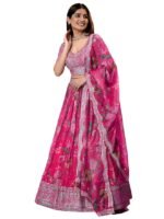 Women's Print And Sequins Embroidered Organza Semi-stitched Lehenga Choli Set With Dupatta(Pink)