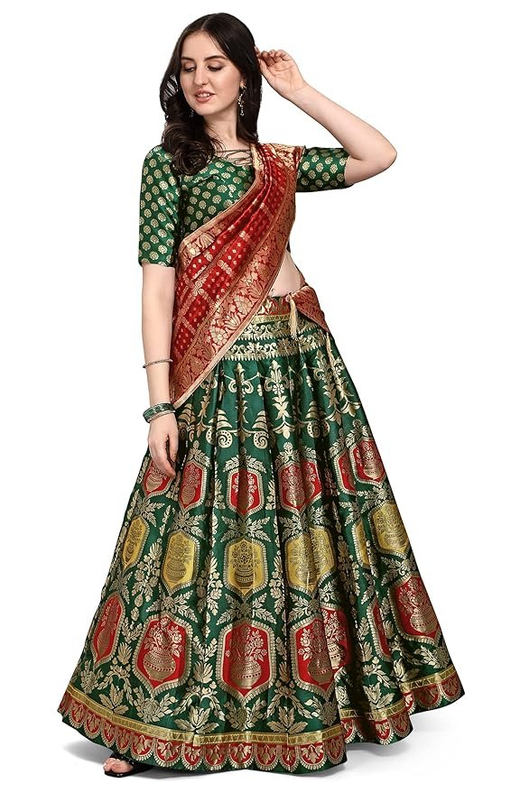 Women's Jacquard Semi-Stitched Lehenga Choli(Green)