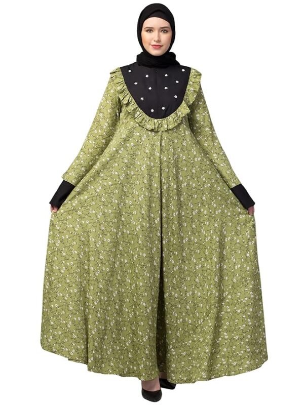 Maxi Abaya Dress with Pearl handwork on the front Made in Printed Crepe fabric with Bell Sleeves