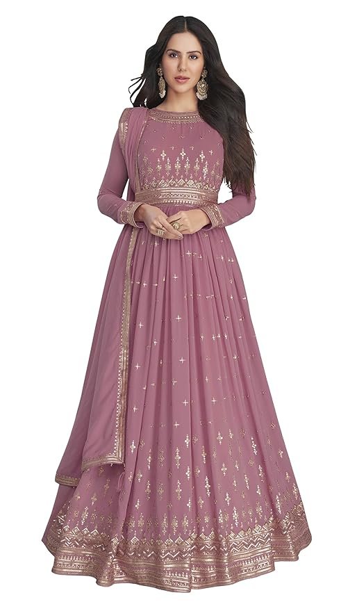 Georgette Embroidered Semi-Stitched Gown for Women(Lavender)