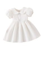 White Cotton Blend Frock Dress Kids Girls with Puff Sleeves lace Collar Front Button Detail Soft Flared Skirt