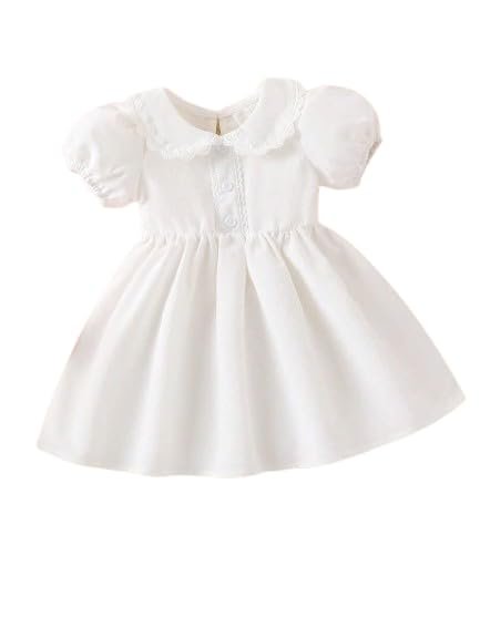 White Cotton Blend Frock Dress Kids Girls with Puff Sleeves lace Collar Front Button Detail Soft Flared Skirt