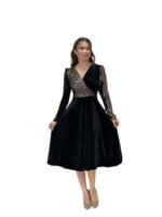 Women's Evening Wrap Dress, Black with Gold Sequin Sleeves, V-Neck, Midi Length