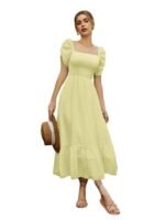 Yellow Girl's & Women's Solid A-Line Ruched Puff Sleeve Maxi Long Evening One Piece Long Dress for Women Stylish