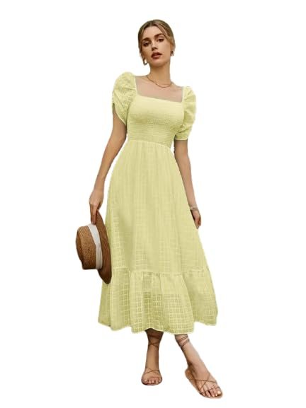 Yellow Girl's & Women's Solid A-Line Ruched Puff Sleeve Maxi Long Evening One Piece Long Dress for Women Stylish