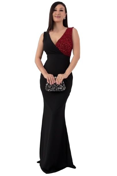 Elegant Evening Gown, V-Neck Sequin Bodice, Floor Length Black Mermaid Dress
