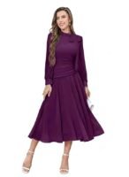 Women Elegant Midi Dress | Long Sleeve Fit & Flare Dress Western Dress for Women | Office, Evening, Casual( Purple)
