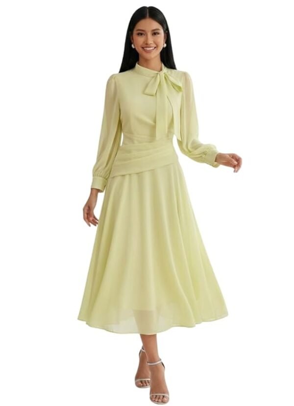 Women Elegant Midi Dress | Long Sleeve Fit & Flare Dress Western Dress for Women | Office, Evening, Casual(Yellow)