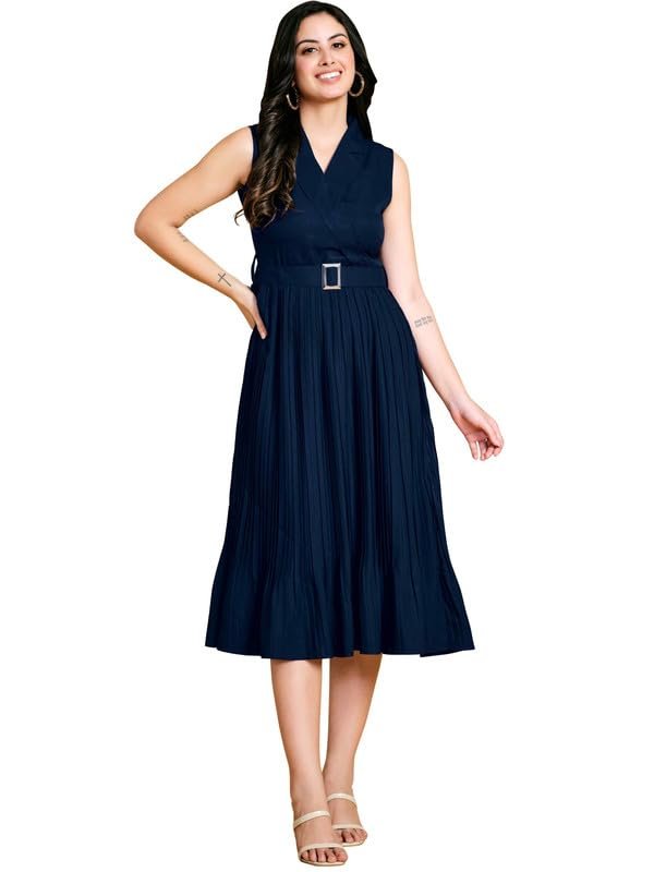 Fit & Flared Pleated Ruffled Dress with Belt