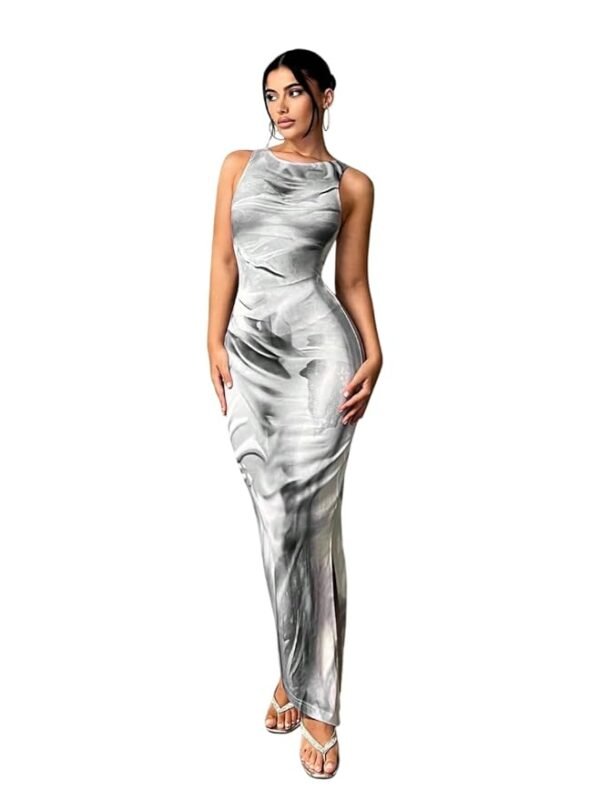 Women's Print Bodycon Maxi Dress – Sleeveless Slim Fit Long Dress with Side Slit – Elegant Gray| Tone Dress
