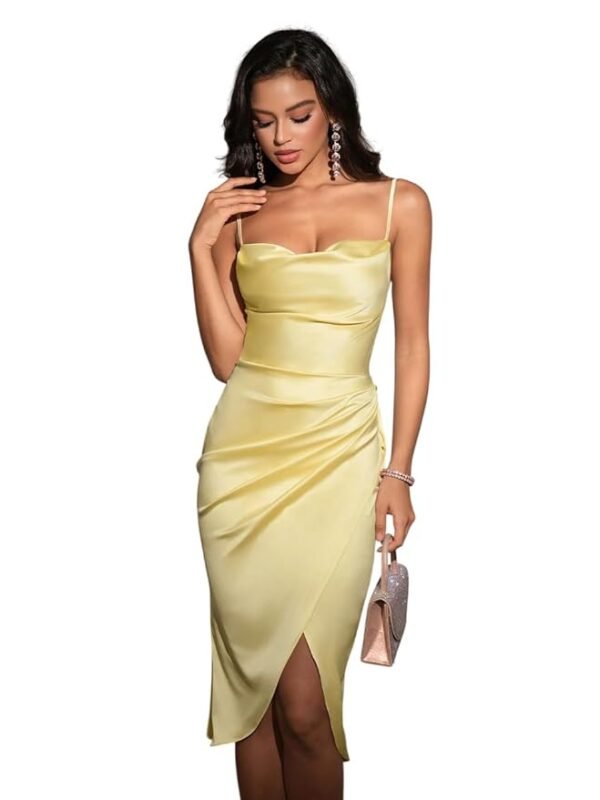 Yellow Women’s Satin Midi Dress with Spaghetti Straps | Elegant Ruched Bodycon Cocktail Dress
