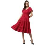 Women's Red Rayon Solid Tiered Western Dress | Dress for Women  | Gown Dress | Western Dress | Exclusive Women Dress