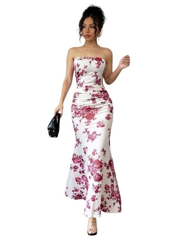 Women's Strapless Floral Maxi Dress | Elegant Slim Fit Bodycon Gown | Summer Party, Wedding Guest, Beach Vacation, Cocktail & Formal Event Dress