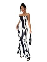 Women's Elenzga Abstract Print Draped Neck Cami Maxi Dress – Elegant Sleeveless Bodycon Evening Gown for Formal Events and Parties
