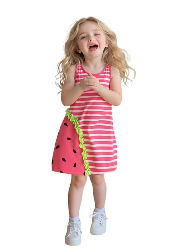 Kids Girls Striped Watermelon Theme Frock Dress Soft Multicolor Lycra for Ages 2 to 7 Years Comfortable Sleeveless Summer Wear Lightweight Casual Playtime Outfit Daily Fun Activities Use