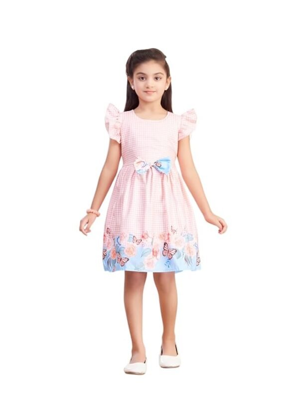 Girls Casual Wear Green Color Checks Print Cotton Frock(Peach)