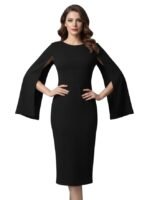 Women’s Solid Bodycon Midi Dress | Cape Sleeve Round Neck Western Party Dress