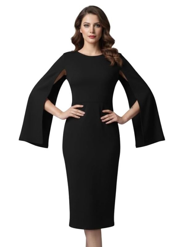 Women’s Solid Bodycon Midi Dress | Cape Sleeve Round Neck Western Party Dress