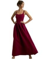 Wine Elegant Sleeveless Maxi Dress with Square Neck & Flared Hem | Long Evening Gown for Women