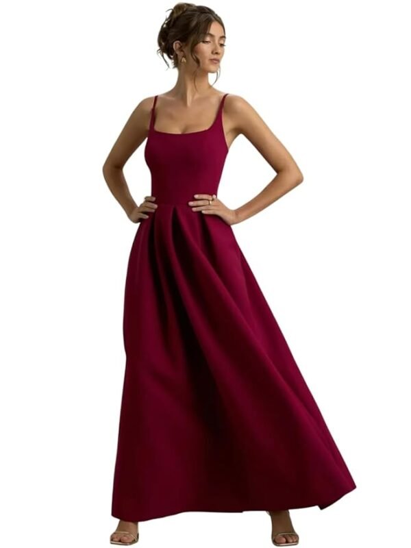 Wine Elegant Sleeveless Maxi Dress with Square Neck & Flared Hem | Long Evening Gown for Women