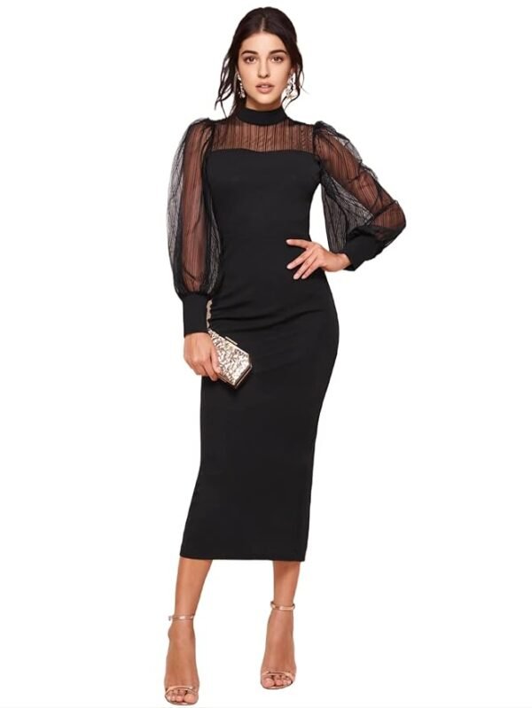 Women's Polyester Bodycon Maxi Dress with Net Full Sleeves Round Neck Self Design Pattern and Bodycon Style( Black)