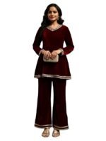 Red Velvet Kurti Set for Woman | Short Kurti for Women Latest | Co ord Set for Women Stylish Party Suit | Ethnic Office Everyday Wear & Casual Look