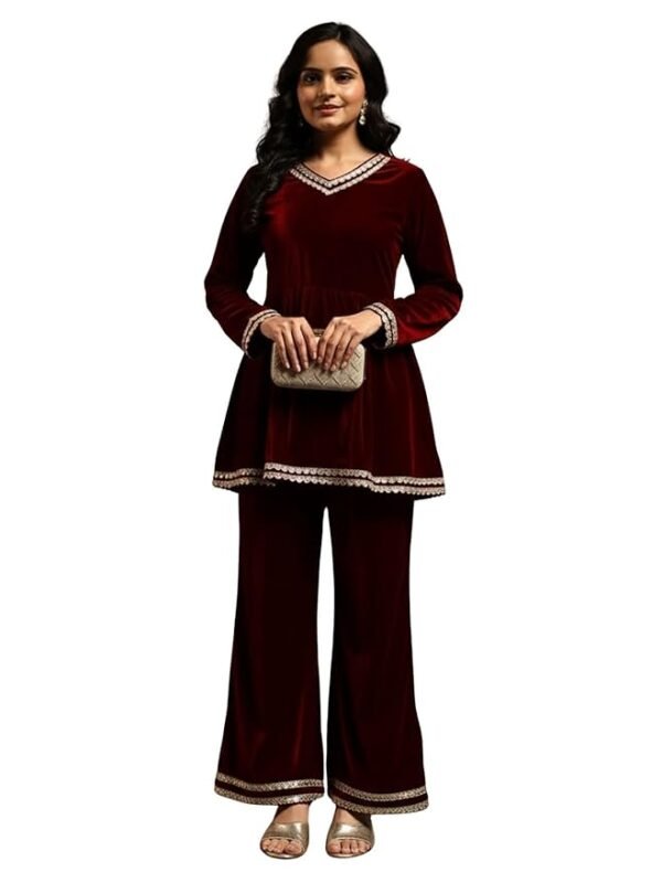 Red Velvet Kurti Set for Woman | Short Kurti for Women Latest | Co ord Set for Women Stylish Party Suit | Ethnic Office Everyday Wear & Casual Look