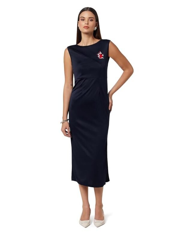 Women’s Navy Cotton Blend Knitted Bodycon Dress | Sleeveless Boat Neck Slim Fit Calf Length Style with Embroidered Patch