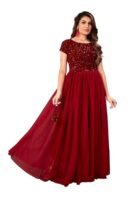 Elegant Women's Gown with Sequins Work | Velvet Bodice & Net Flare | Short Sleeve, Boat Neck ( Maroon)