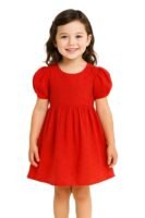 Fit and Flare Knee Length Dress | Cotton Puff Sleeve Girls Outfit | Red Casual Wear(Red)