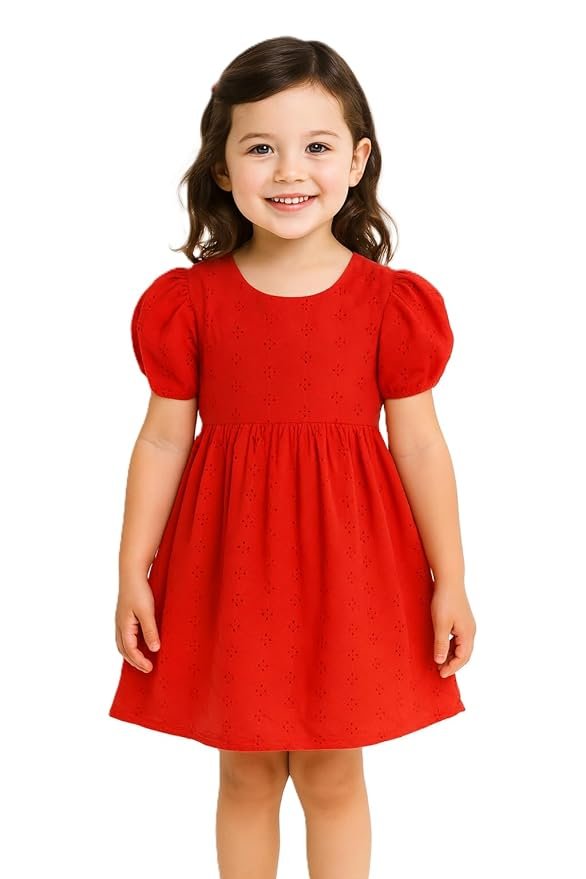 Fit and Flare Knee Length Dress | Cotton Puff Sleeve Girls Outfit | Red Casual Wear(Red)