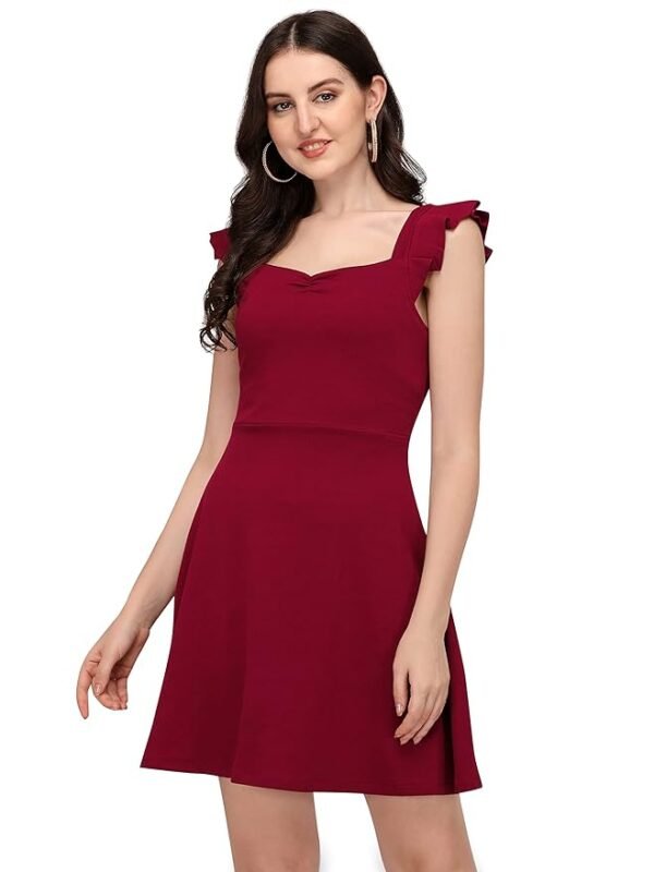 Western Dress || Stretchable Solid Sleeveless Frill Dress for Women || Western Dresses for Women (Maroon)