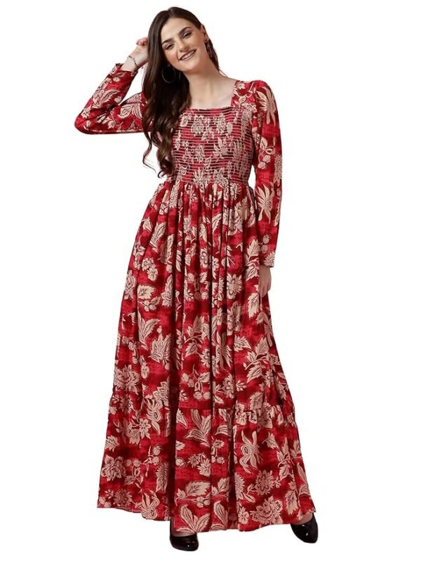 Crepe Women's Mix Floral Printed Grown with Regular Sleeves Full Length and Square Neck